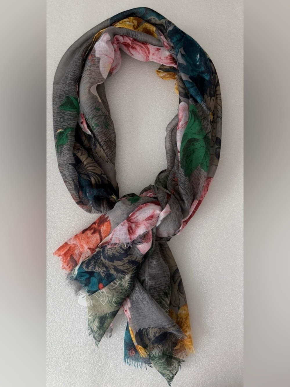Charming Charlie Sheer Floral Scarf Grey Multicolor Lightweight Statement Wrap